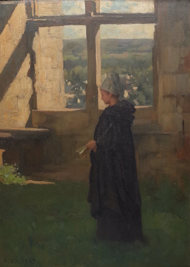 Donna con copricapo tra le rovine di un castello o di un'abbazia